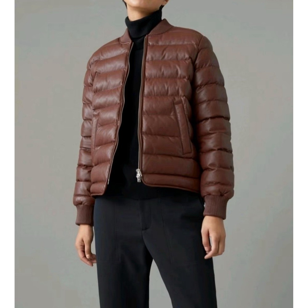 CLOSED Echo Brown Soft Sheepskin Leather Quilted Bomber Jacket Puffer Sz Small